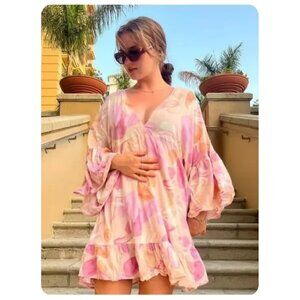 Label Of Love V-Neck Ruffle Bell Sleeve Mini Tunic Dress sz L